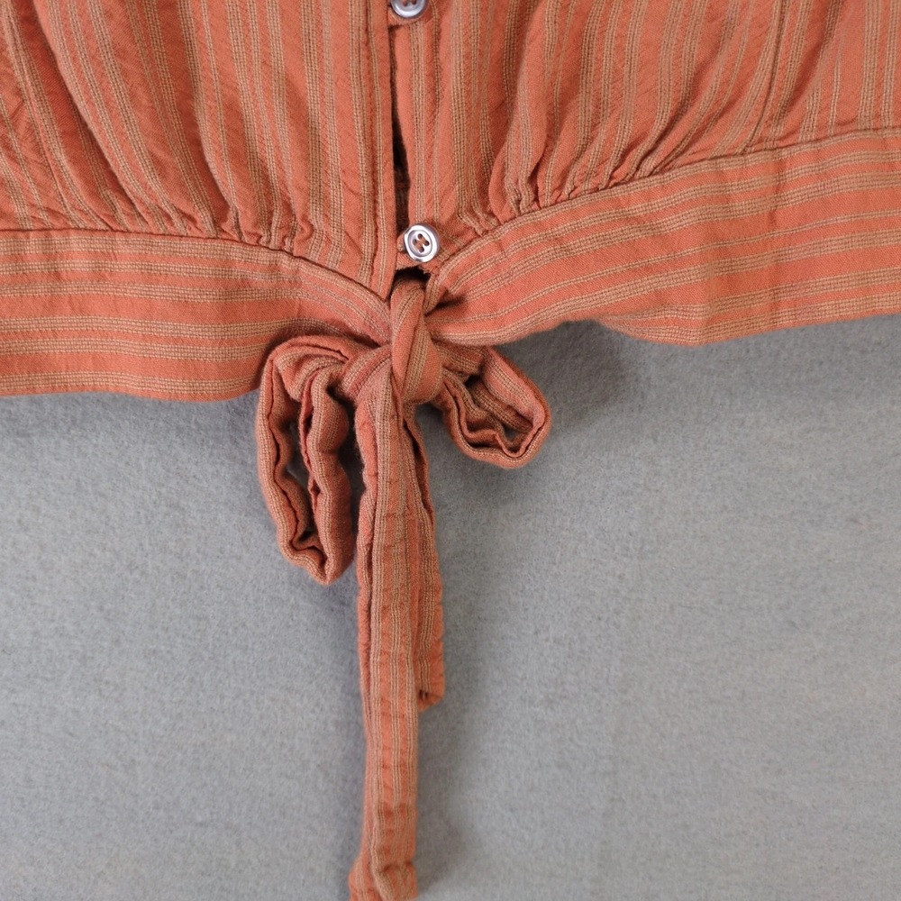 Free People Orange Striped Peasant Crop Top Button Up Shirt Womens M Ruffle Tie - Picture 9 of 10